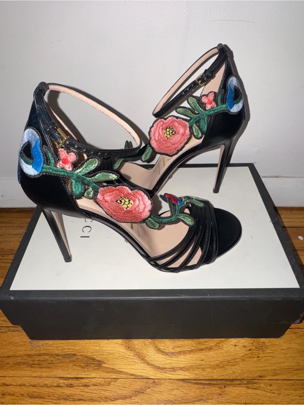 Gucci Black Floral Embroidered High Heel Sandals